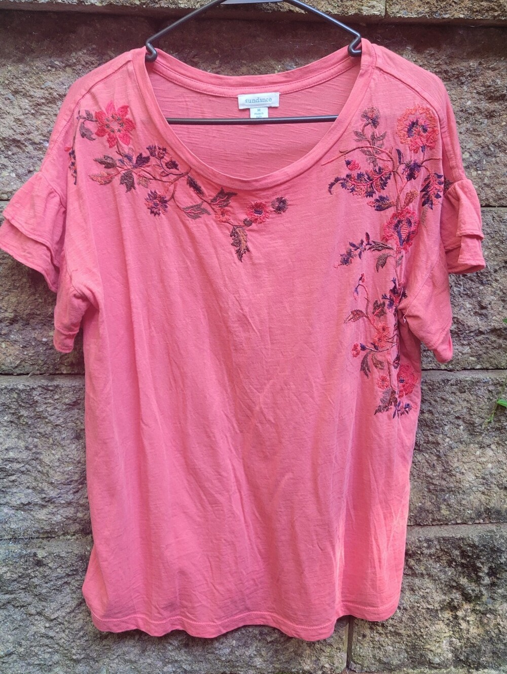 Sundance catalog women's embroidered layered flutter sleeve coral pink Tshirt M